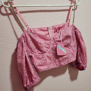 Dolls Kill Sugar Thrillz Glamour Check Glitter Puffy Sleeve Bustier Top Size S